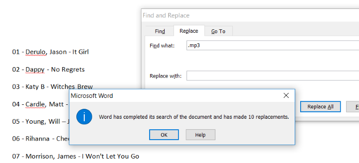 removing mp3 names in word